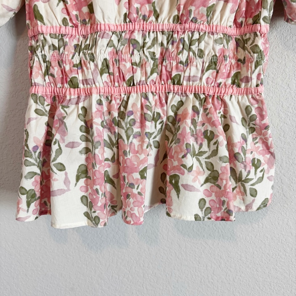 Umgee Women's Pink Green Scalloped Floral Print Bow Tie Front Peplum Top M - Picture 9 of 9